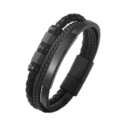 Stainless Steel Bent Through Black Pu Leather Triple Bracelet Men's