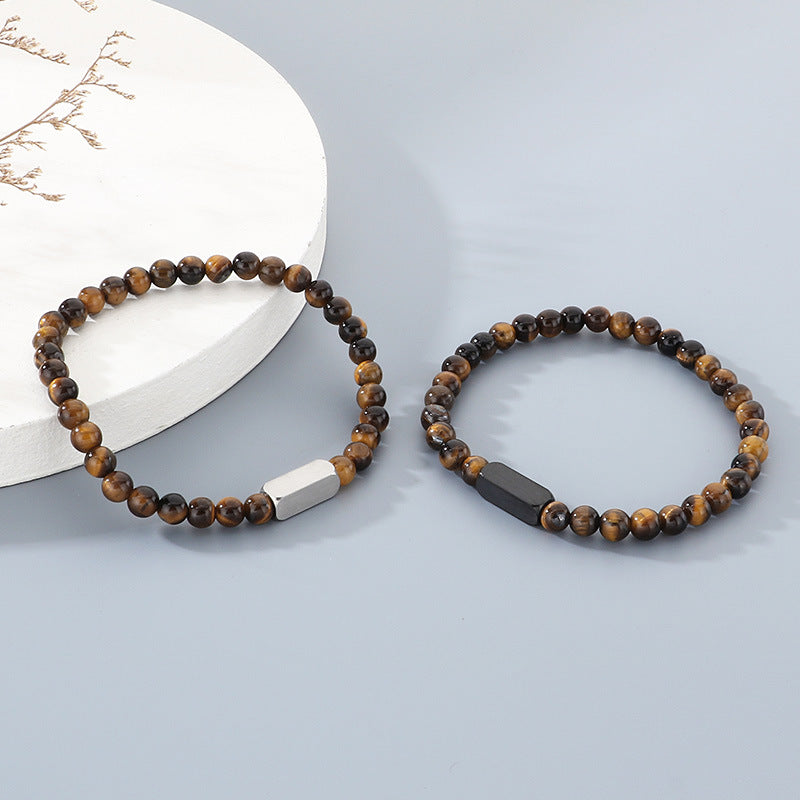 Stylish Stainless Steel Square Volcanic Stone Bracelet – Tiger's Eye Stone Matte Bead