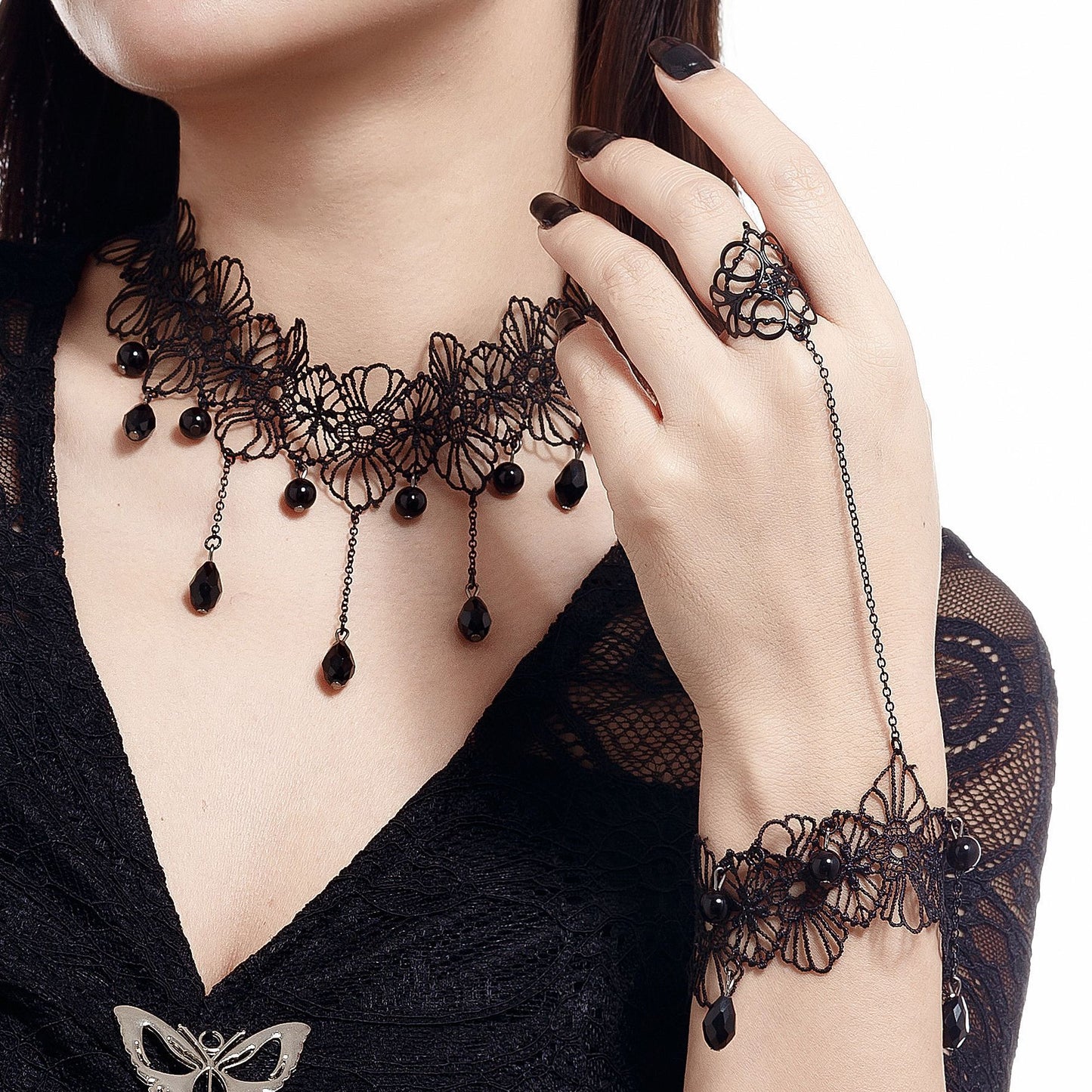 Gothic Crystal-Style Flower & Tassel Lace Necklace