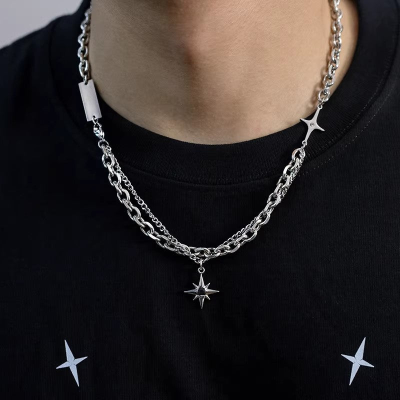 Planderful Jewelry Titanium Steel Double Chain Necklace With Cross And Star Pendant