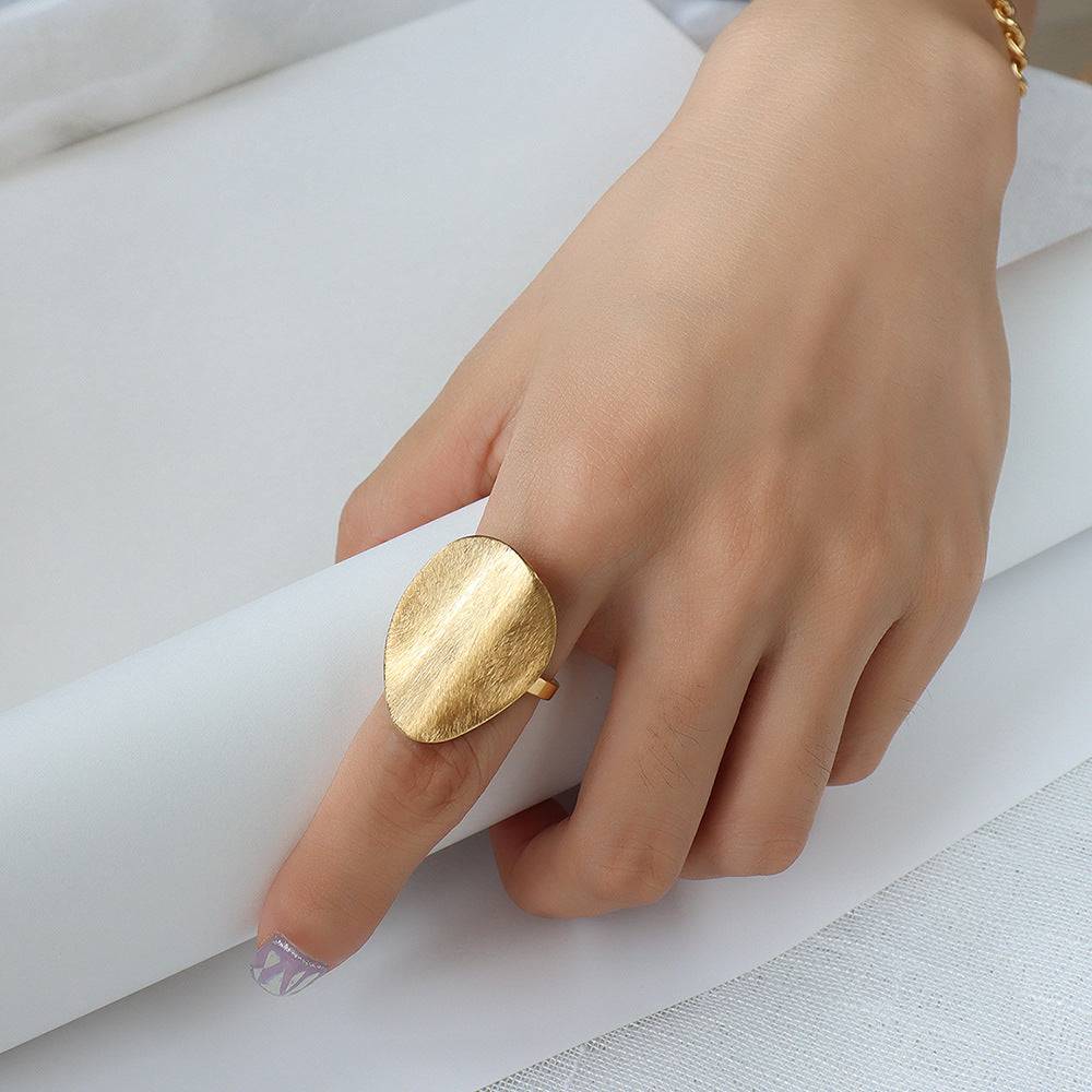 French Exaggerated Brushed Matte Titanium Steel Ring for Women with Unique Shape and Style