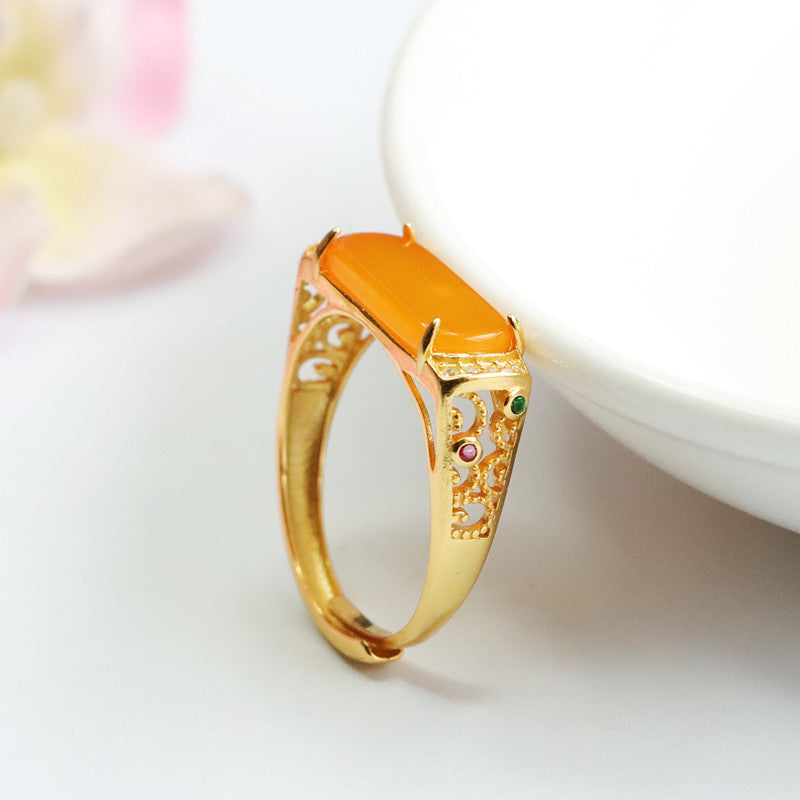 Sterling Silver Adjustable Beeswax Amber Saddle Zircon Ring with Natural Old Material