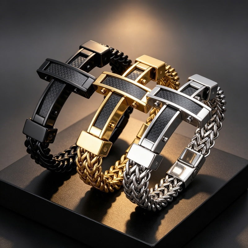 Hip Hop Carbon Fiber Cross Double Layer Front & Back Chains Magnetic Buckle Stainless Bracelet