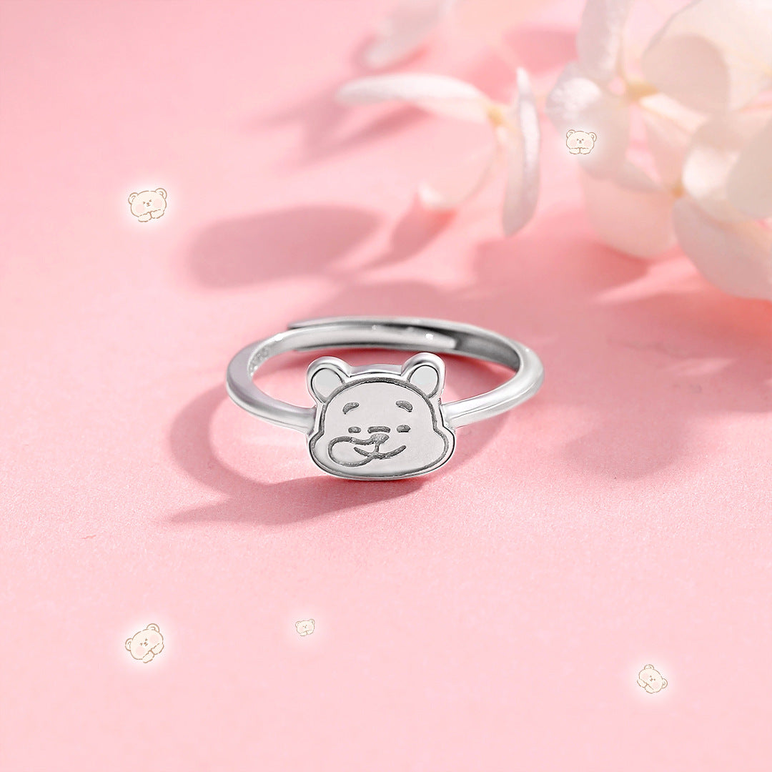 Planderful Little Bear S925 Sterling Silver Ring For Women Open Adjustable Cute Cartoon Design