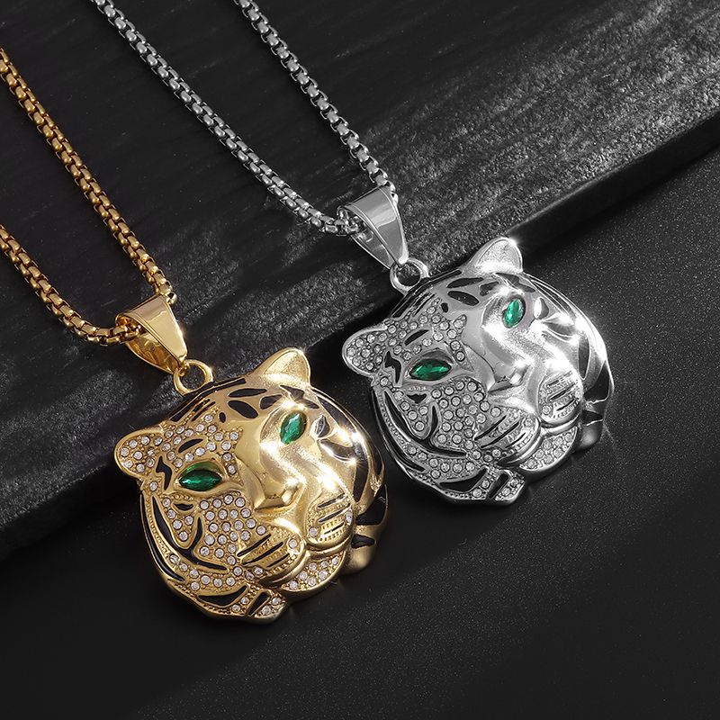 Planderful Titanium Gold Plated Hip Hop Jewelry Tiger Head Pendant Necklace For Modern Men
