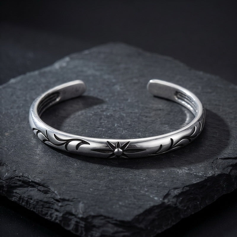 Punk Style Antique Winding Snake Thin Bracelet Goth Zircon Flower Stainless Steel Men's