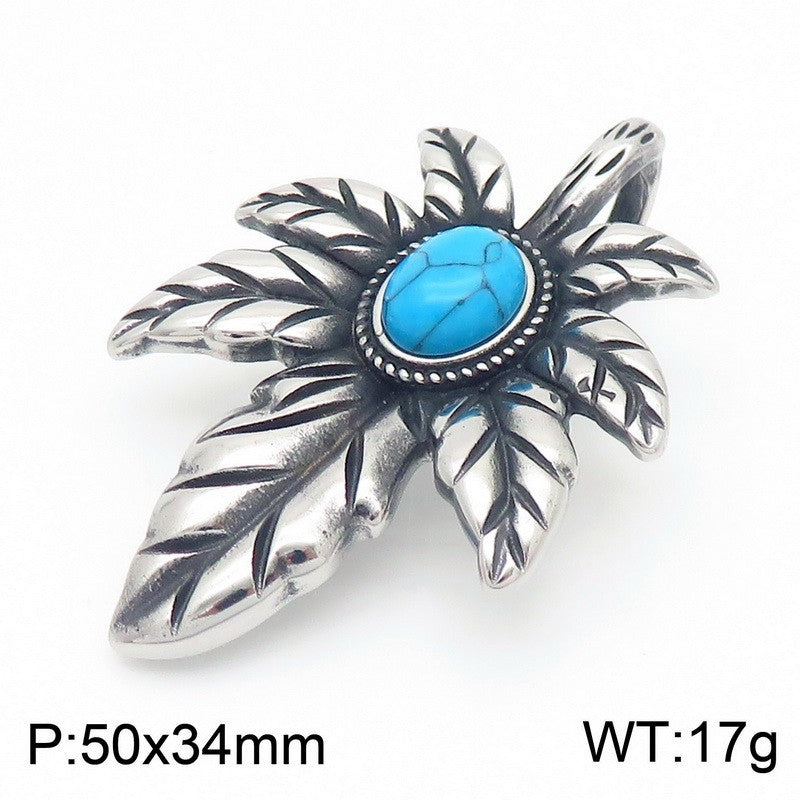 Vintage Plant Maple Leaf Straight Batch, Punk Stainless Steel Turquoise Leaf Men's Pendant Necklace