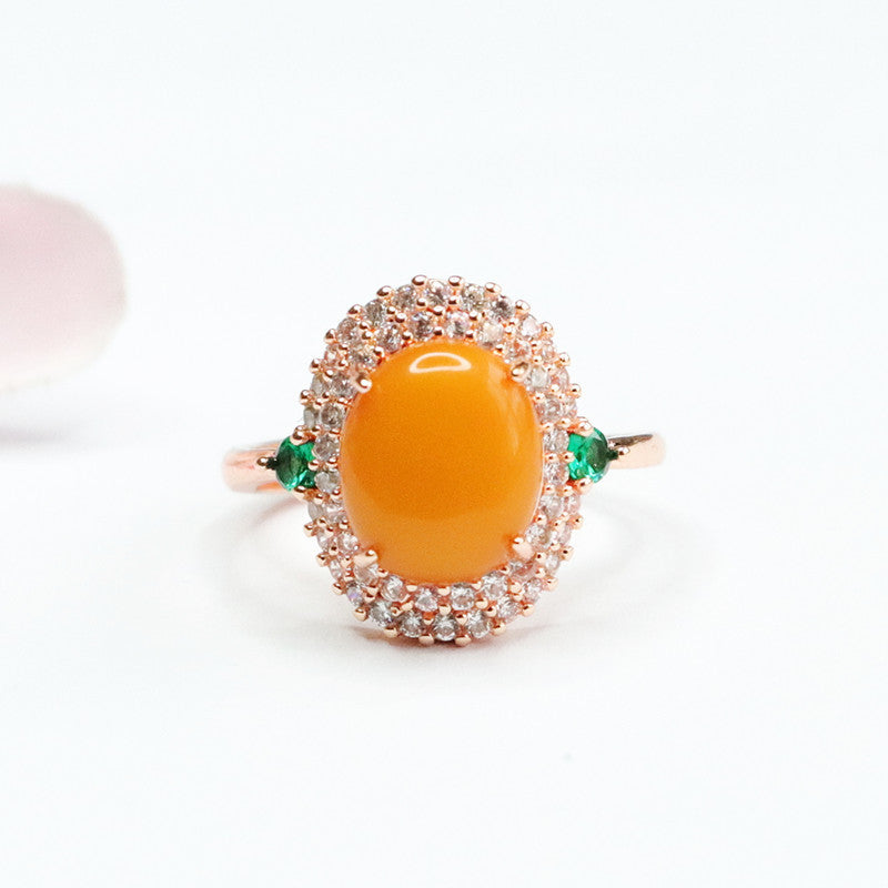 Vintage Russian Amber Ring with Green Zircon Halo