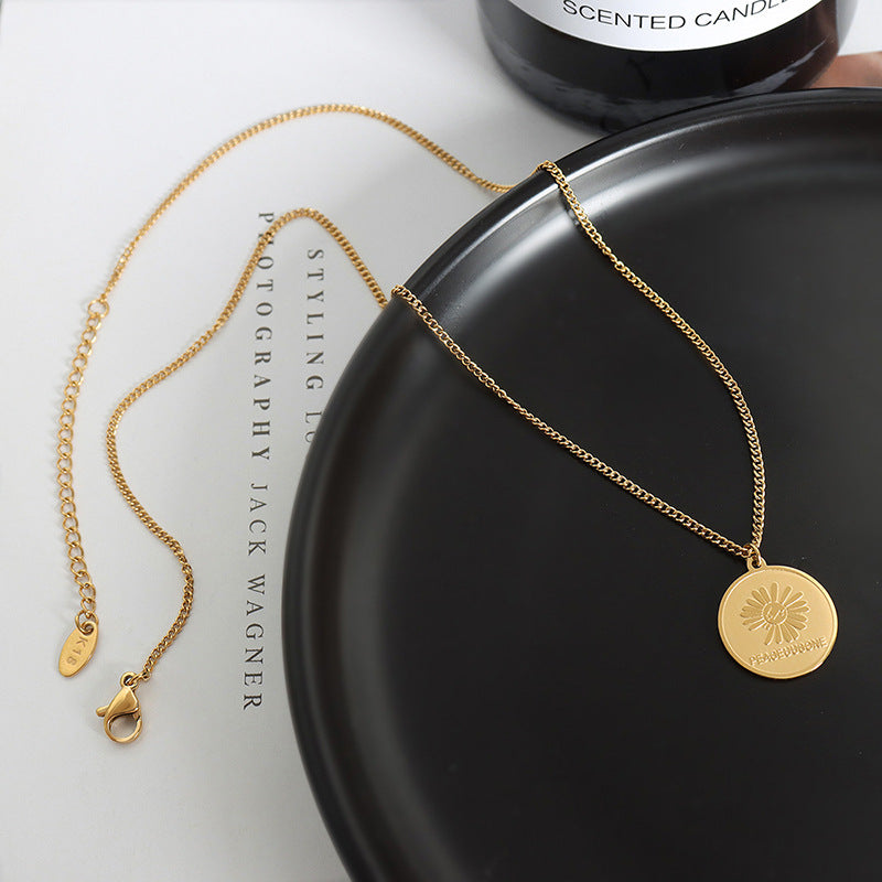 Pastoral Blooms Medallion Pendant with Letter Embossing - Chic Clavicle Chain Necklace