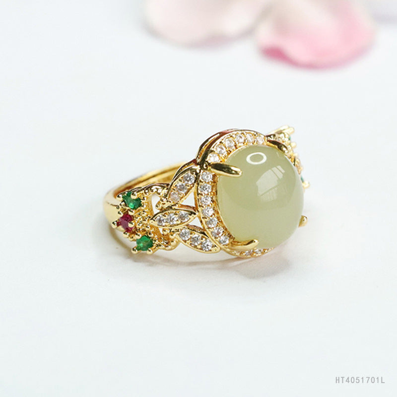 Qingshui Hetian Jade Zircon Clover Ring