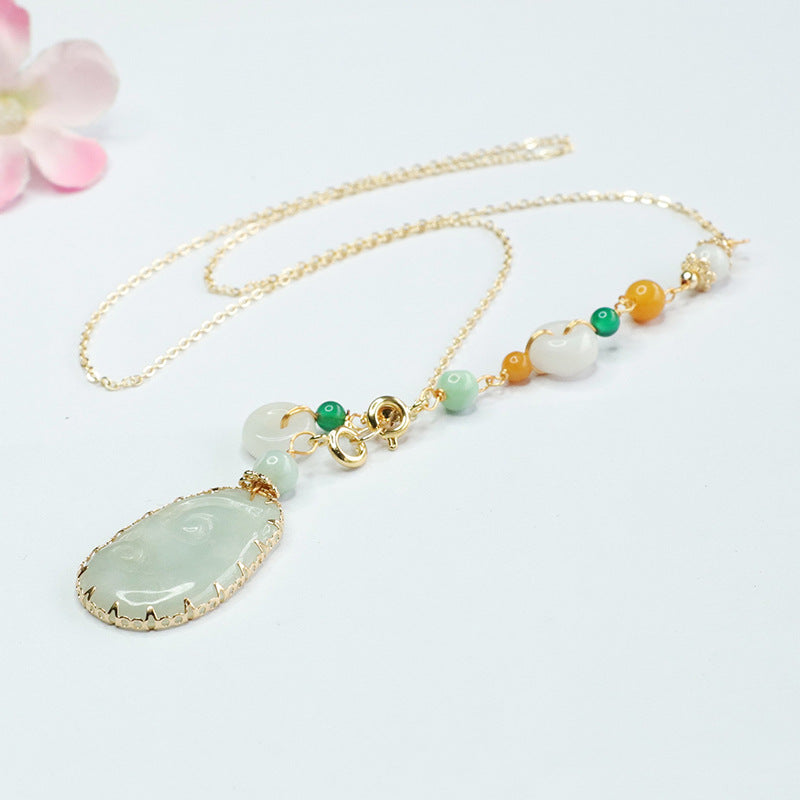 Jadeite Ruyi Necklace with Sterling Silver Chain and Jade Detail