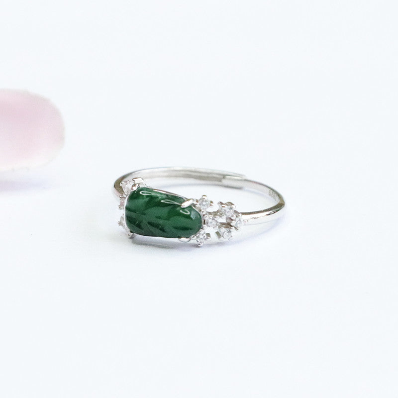 Ice Emperor Green Jade Leaf Sterling Silver Ring