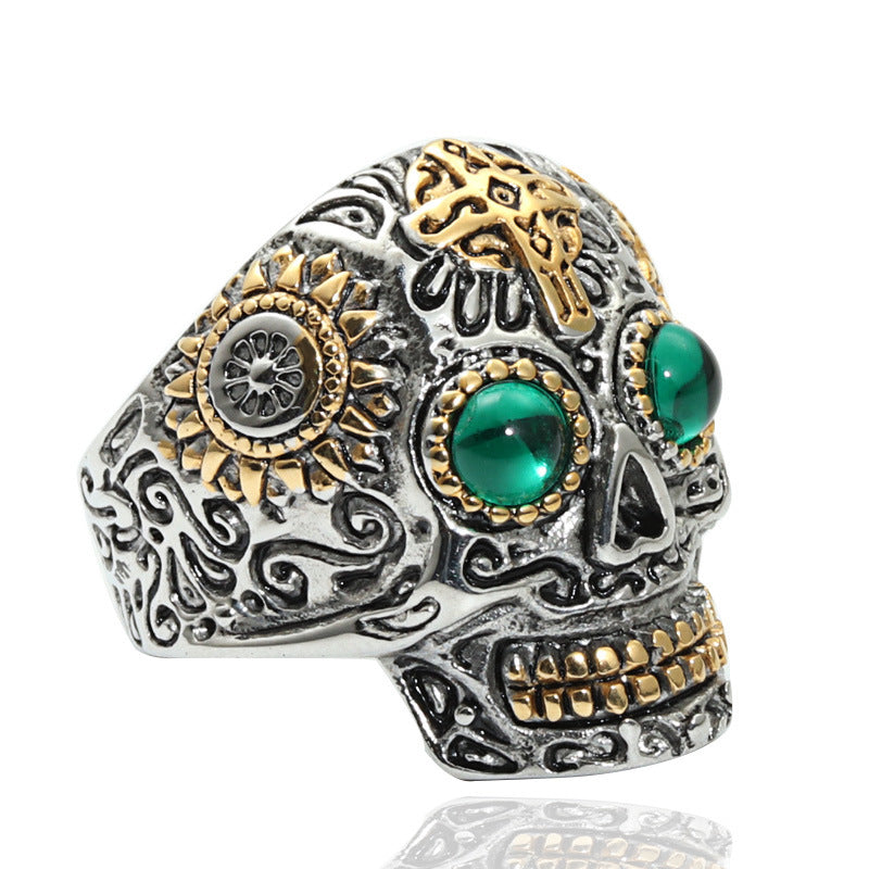 Planderful Skull Ring Titanium Steel Engraved Ghost Head Green Eye Unisex Protection For Men