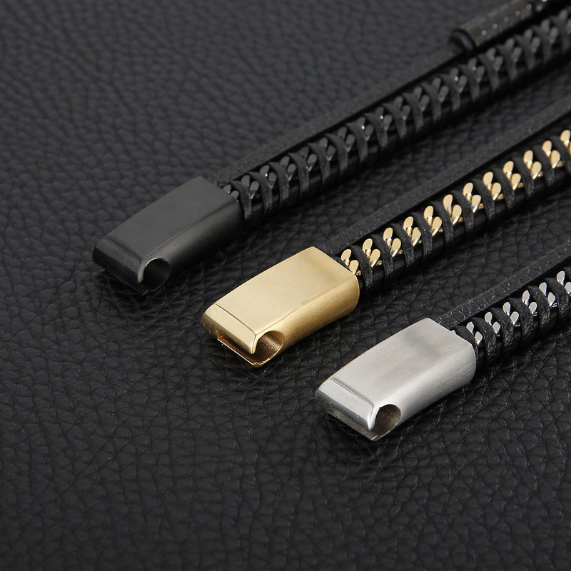 Planderful Men Punk Bracelet Magnetic Buckle Leather Rope