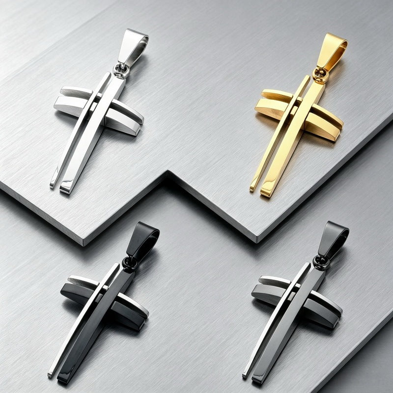 Niche Simple Pendant, Mixed Color Double-Layer Dislocation Hollow Cross Stainless Steel Men's Pendant Necklace