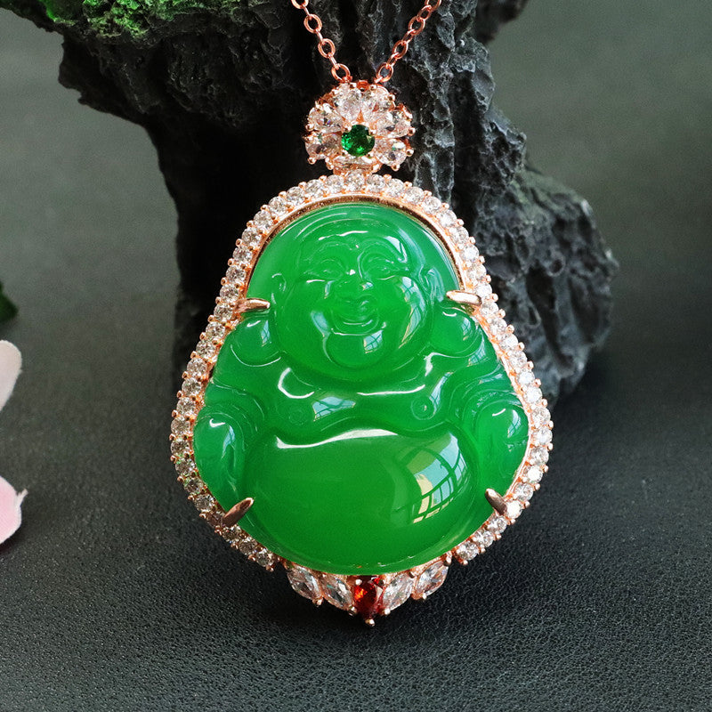 Chalcedony Buddha Pendant Necklace with Zircon Accents