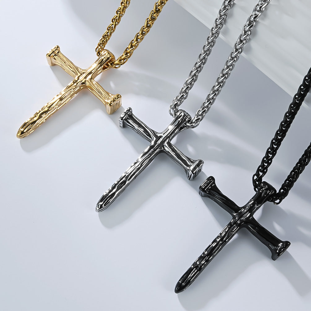 Planderful Titanium Steel Cross Necklace For Men With Wood Grain Imitation Retro Durable Stainless Pendant