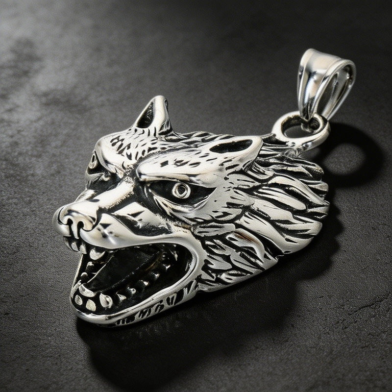 Nordic Mythological Beast Inlaid Red-Eye Wolf Head Stainless Steel Men's Pendant Retro Wolf Necklace