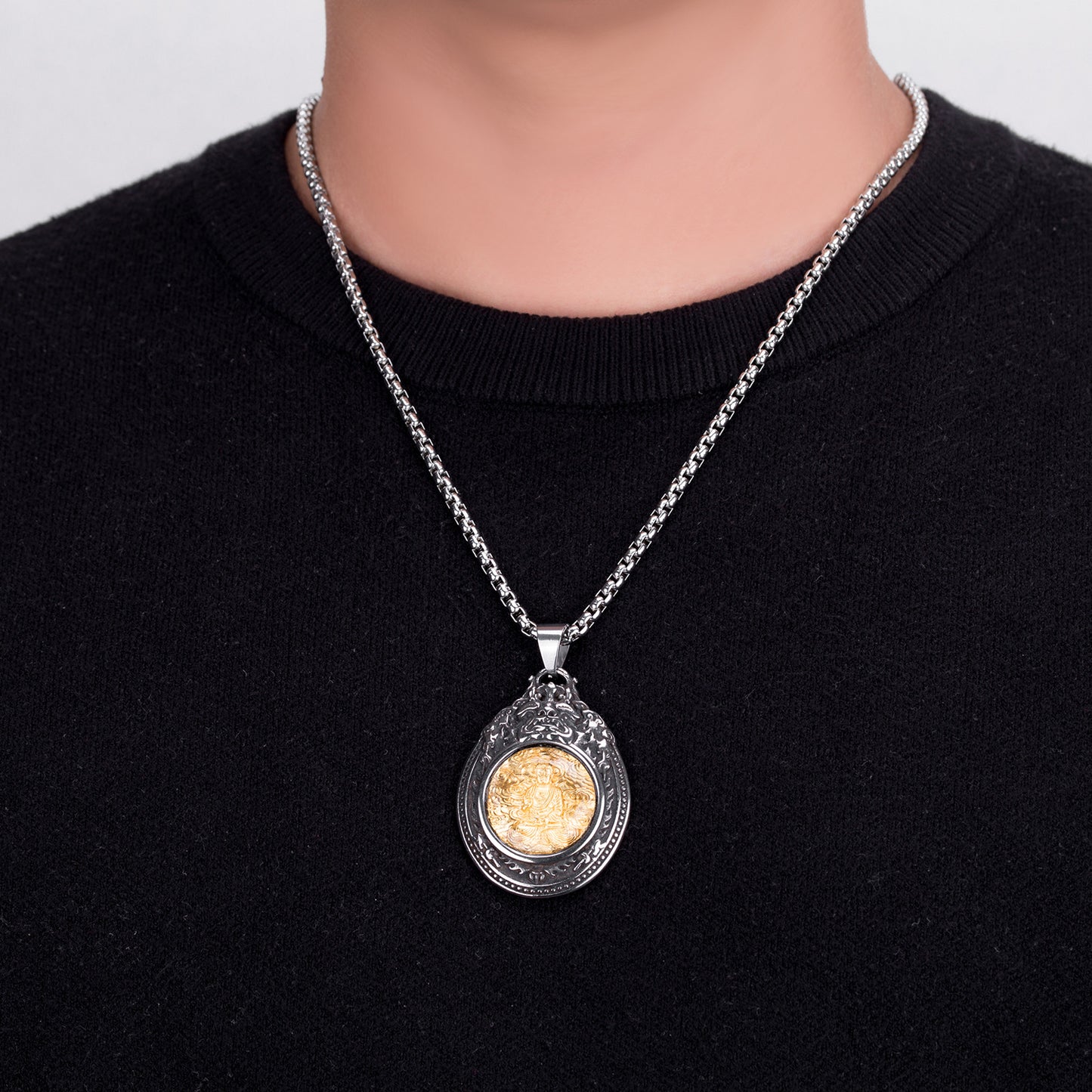 Titanium Steel Necklace - Statement For Men Buddha Saints Motif In Trendy Everyday Wear
