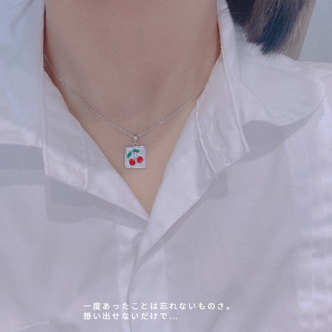 Ins Style Simple Square Cherry Necklace Women's S925 Sterling Silver Cute Collarbone Chain