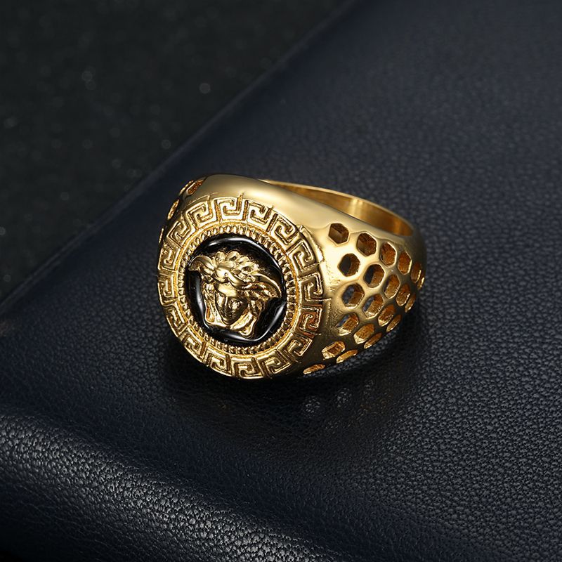 Planderful Everyday Genie Hip Hop Ring Titanium Steel Gold Plated Honeycomb Hollow Epoxy Mens Ring