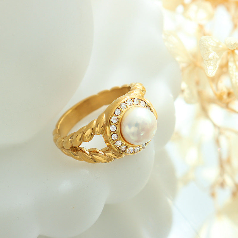 Elegant French-inspired 18K Gold Plated Ring with Freshwater Pearl and Zircon