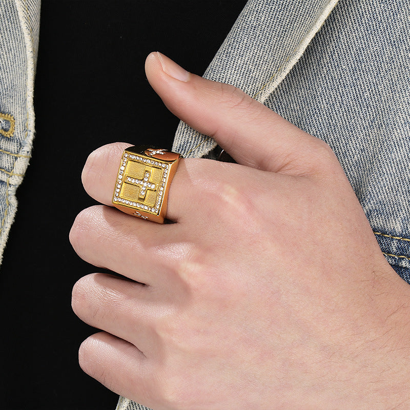 Planderful Mens Titanium Ring Lion Head Zircon Cross