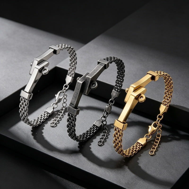 Style Irregular Curved Bar Bracelet Double-Layer Front & Back Chain Stainless