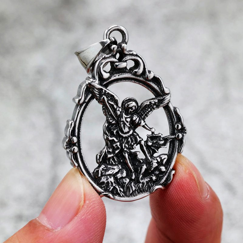 Planderful Shop Vintage Stainless Steel Angel Necklace With Order Of St Michael Pendant For Men And Women