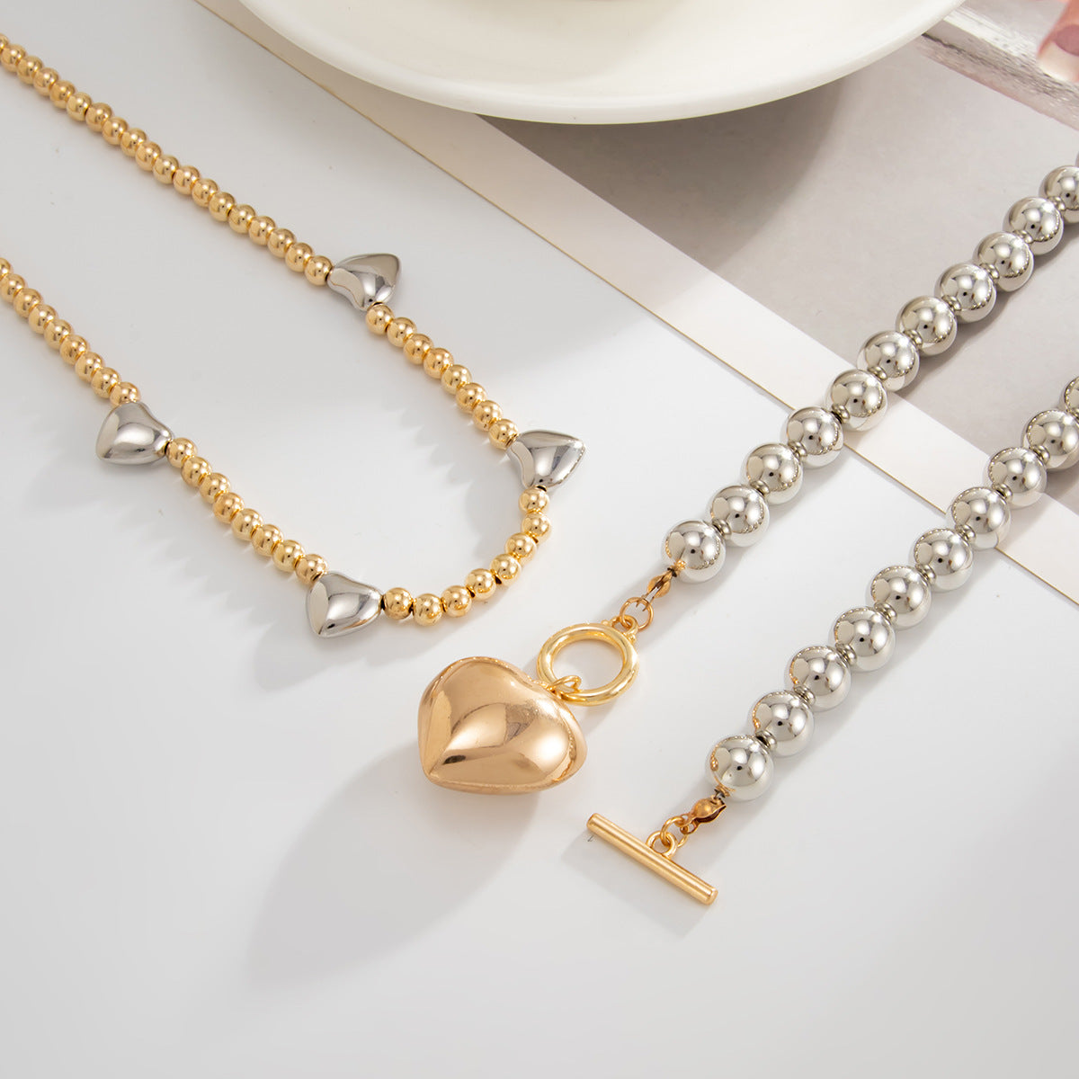 Heart Pendant Double-Layer Beaded Necklace Set