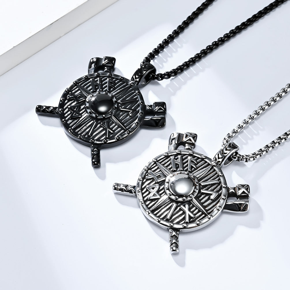Planderful Viking Shield Axe Pendant Necklace For Men Unisex Stainless Steel Protection Statement
