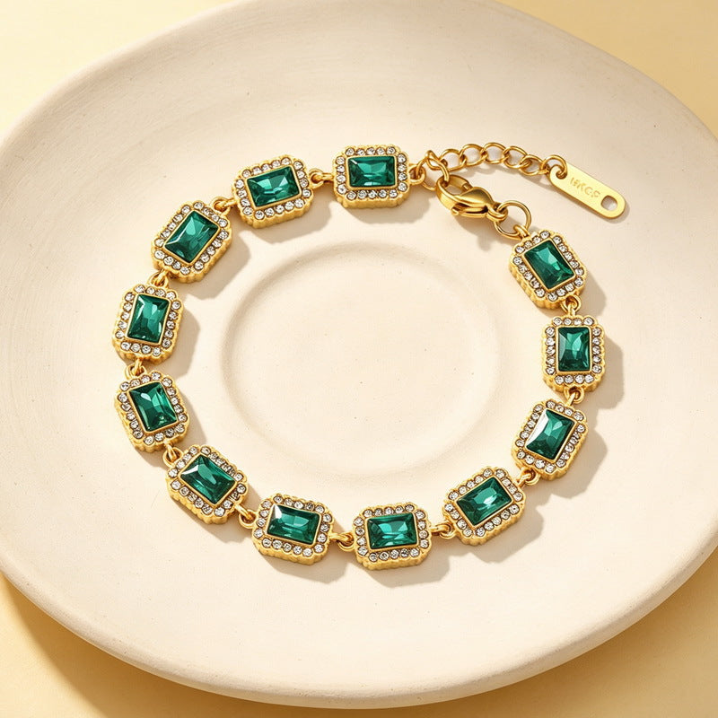 Color Surrounding Square Zircon Stainless Steel Bracelet Palace Style Adjustable