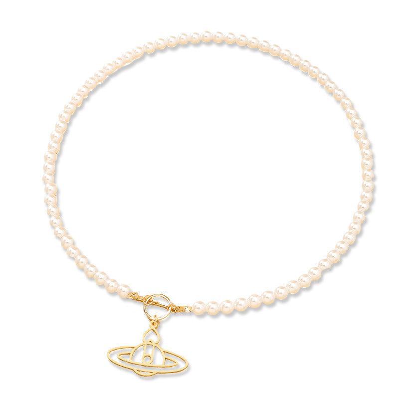 Metallic Planet Pendant and Pearl Bead Necklace - Vienna Verve Collection - Fashion Jewelry