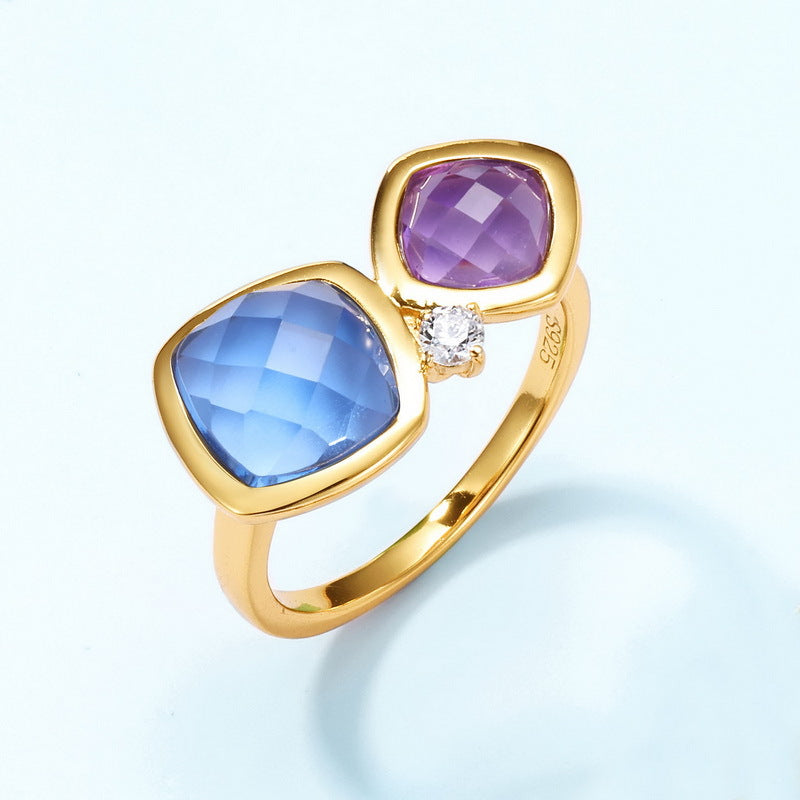 S925 Sterling Silver Crystal Double-Stone Adjustable Ring