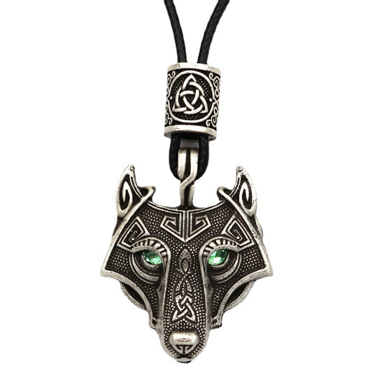 Viking Wolf Head Necklace with Green Eye - Norse Legacy Collection