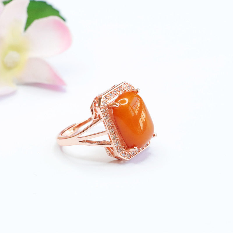 Natural Oval Russian Amber Zircon Halo Ring with Sterling Silver Needle
