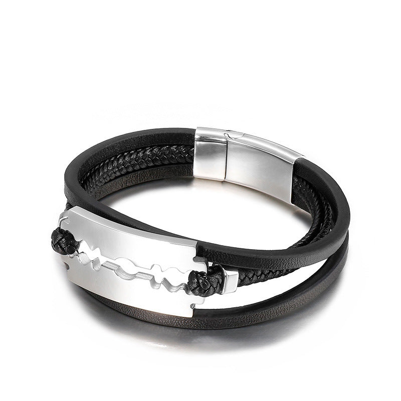 Planderful Durable Razor Blade Leather Rope Bracelet for Men