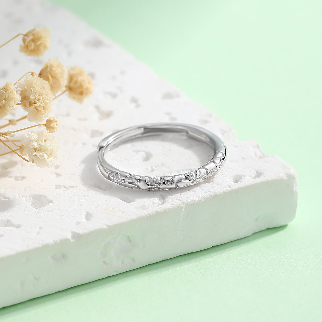 Planderful S925 Sterling Silver Cherry Blossom Ring For Women Adjustable Carved Band