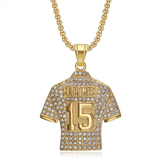 Planderful Premium Hip Hop Necklace Titanium Steel Gold Plated Zircon NFL Jersey Pendant No 15 for Fans