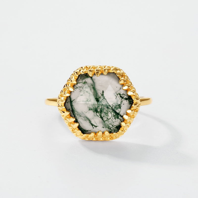 Planderful Jewelry Geometric Green Moss Agate Ring In Sterling Silver Gold Plated Adjustable