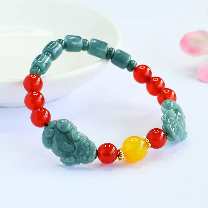 Blue Water Jadeite Pixiu & Agate Beaded Bracelet