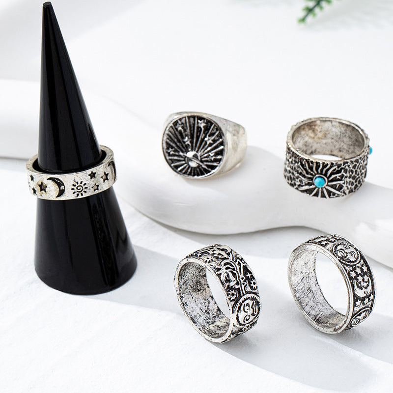 Retro Metal Star Moon Sun Flower Ring Set for Women