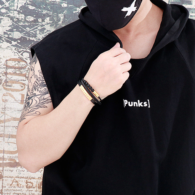 Planderful Mens Personalized Woven Leather Beaded Bracelet