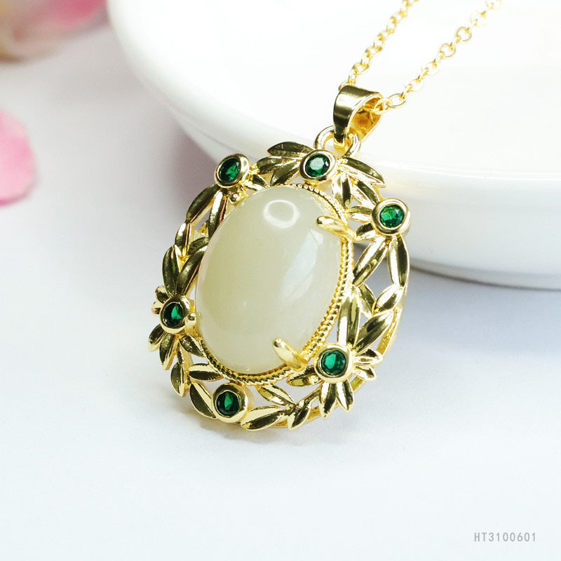 Hetian Jade Oval Green-Zircon Pendant — No Chain