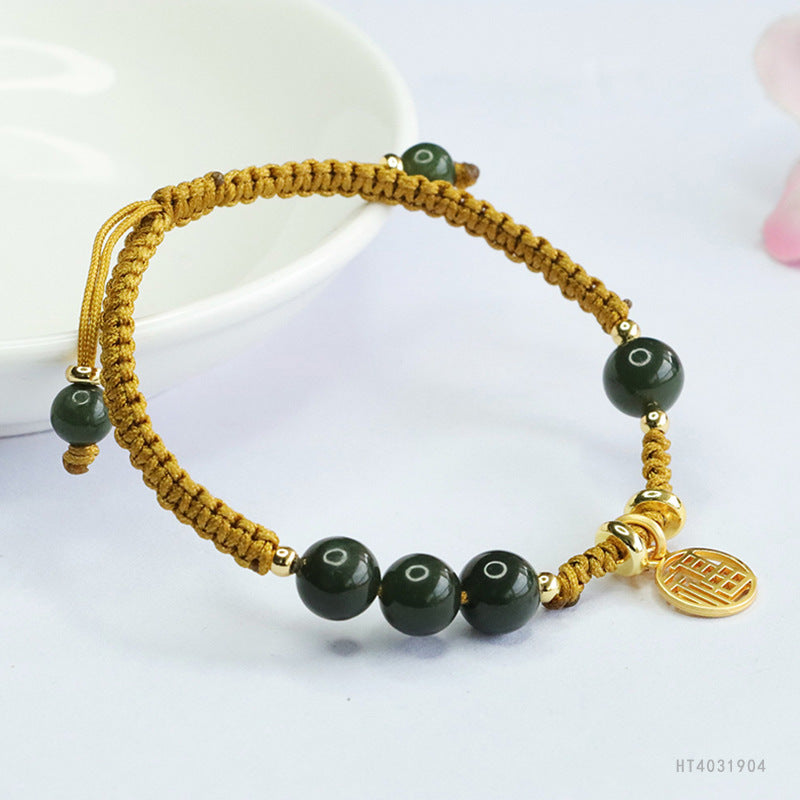 Hetian Jasper Fortune Charm Cord Bracelet