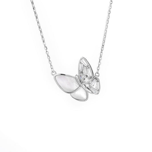 White Mother of Pearl Zircon Butterfly Silver Necklace