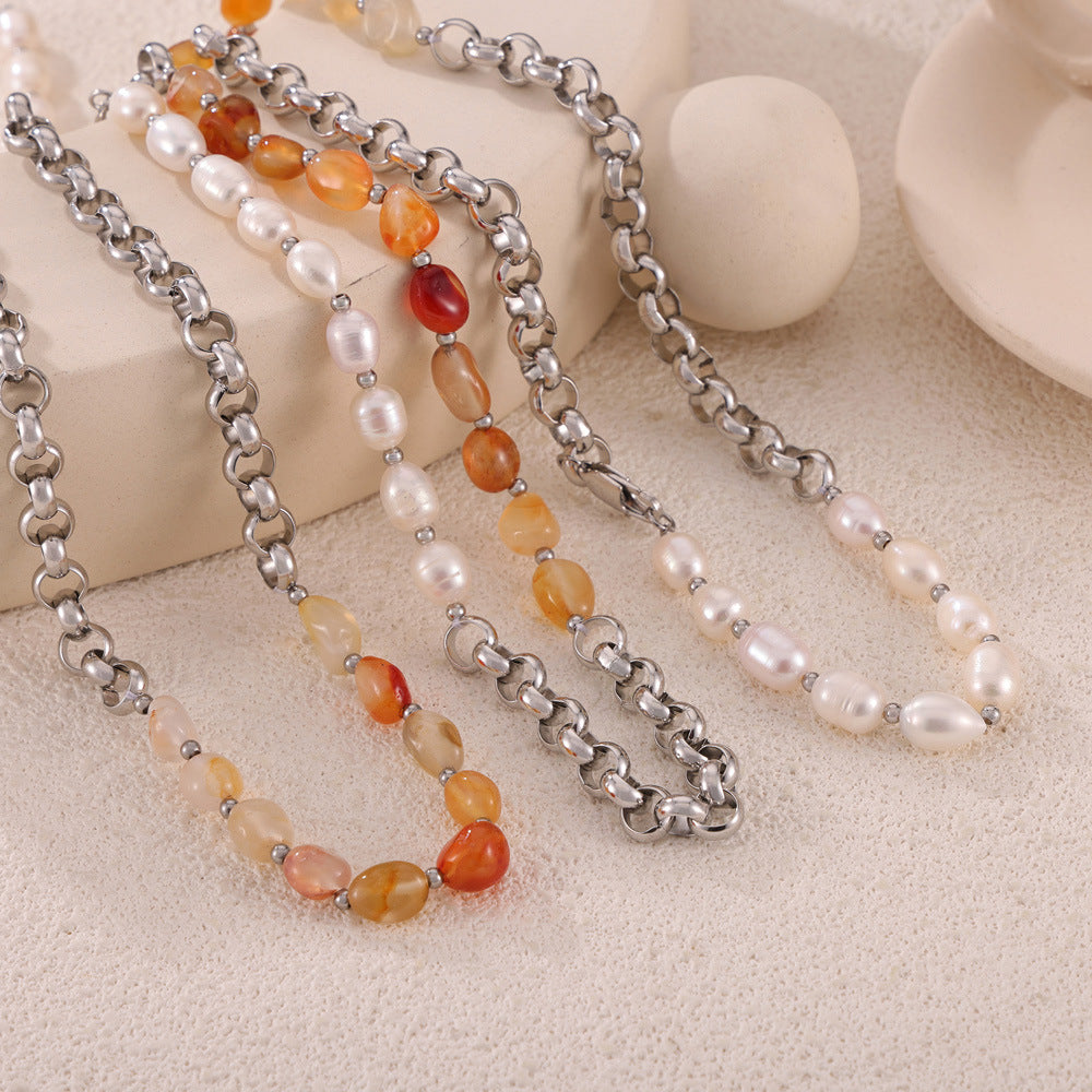 Chic Handcrafted Necklace with Freshwater Pearls and Natural Stones