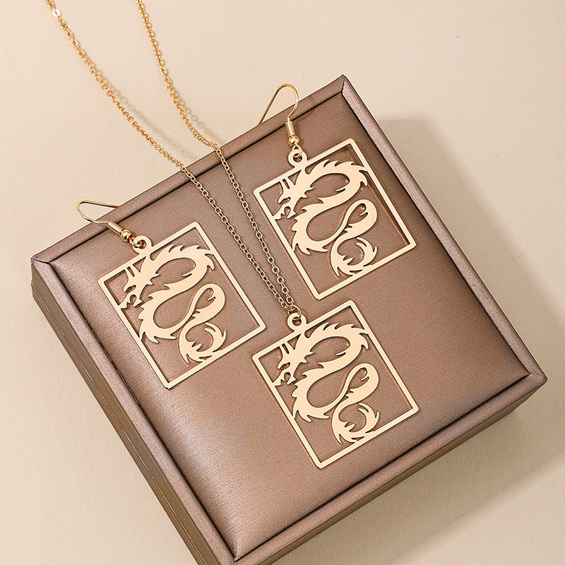 Chinese Dragon Design Women's Necklace and Earrings Set with Zodiac Pendant