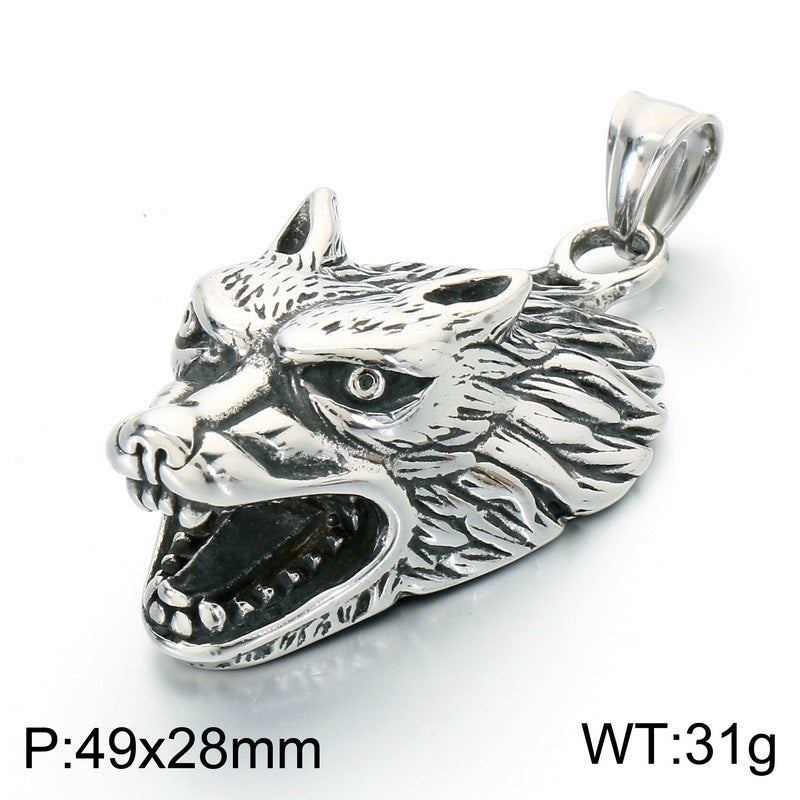 Nordic Mythological Beast Inlaid Red-Eye Wolf Head Stainless Steel Men's Pendant Retro Wolf Necklace