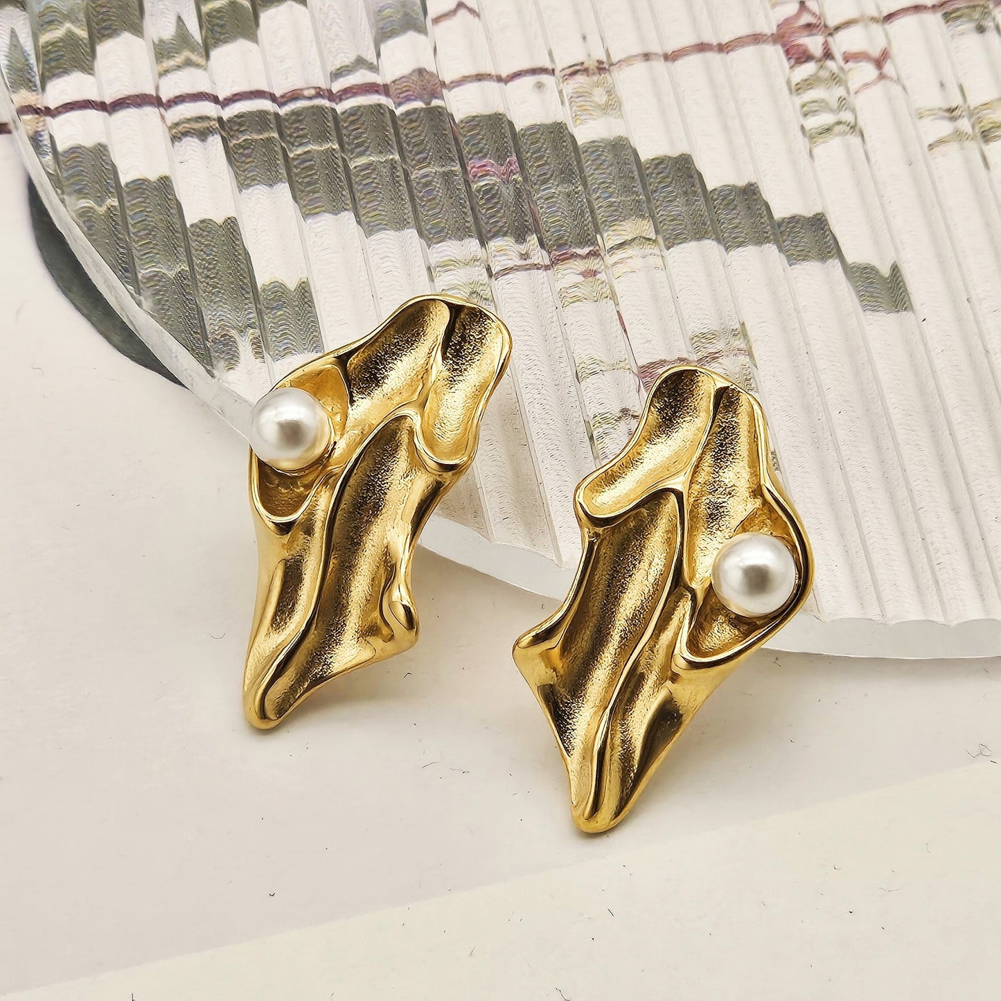 Planderful Gold Plated Pleated Lava Pearl Earrings Women